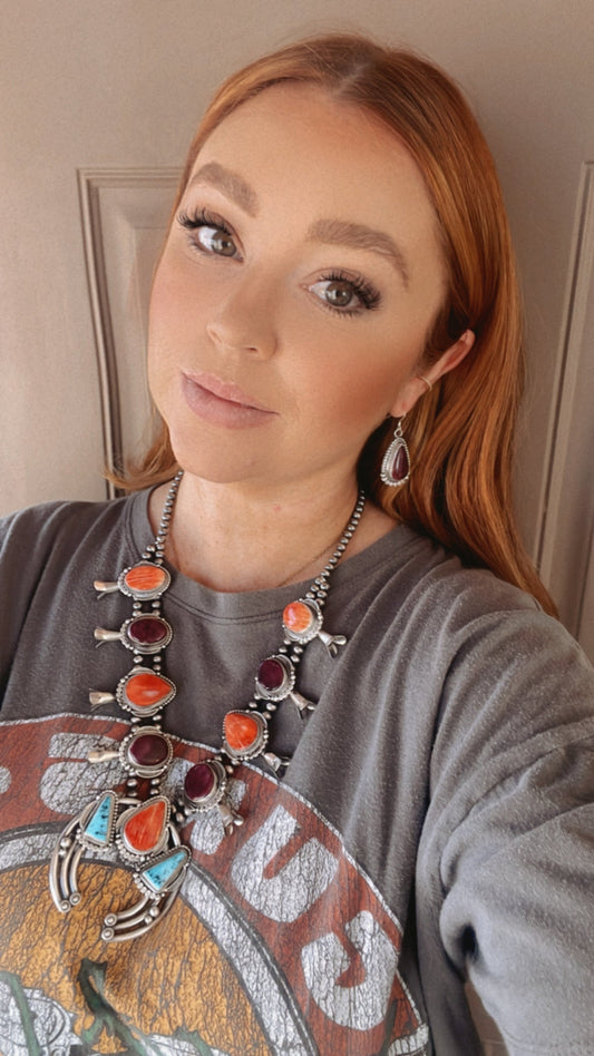 Handcrafted Turquoise, Spiny Oyster And Sterling Silver Squash Blossom Necklace & Earrings Set By Tom Lewis*
