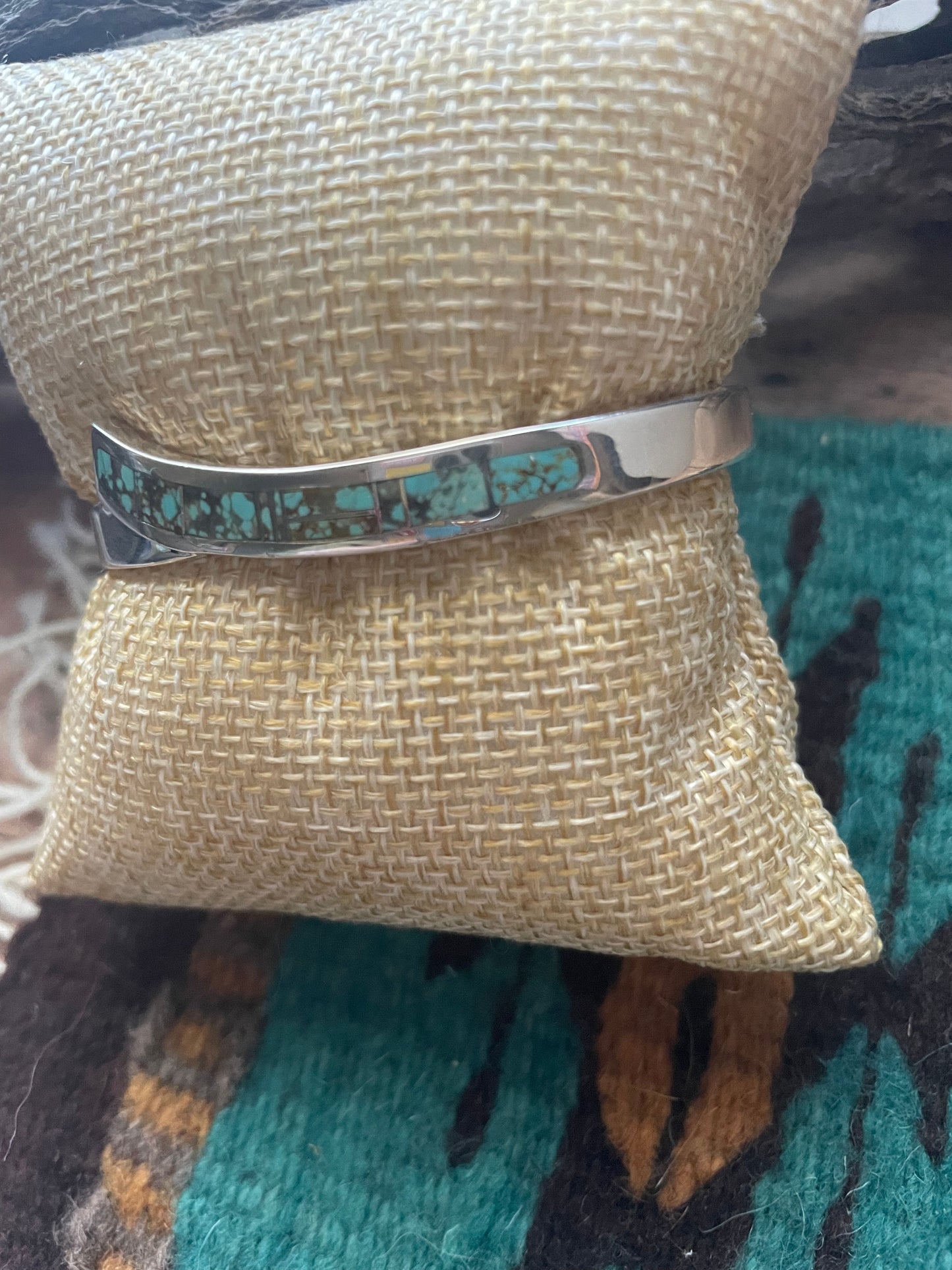 Handcrafted Handmade Sterling & Number 8 Turquoise Inlay Cuff Bracelet