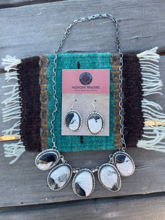 Handcrafted Sterling Silver & White Buffalo Necklace & Earrings Set Signed