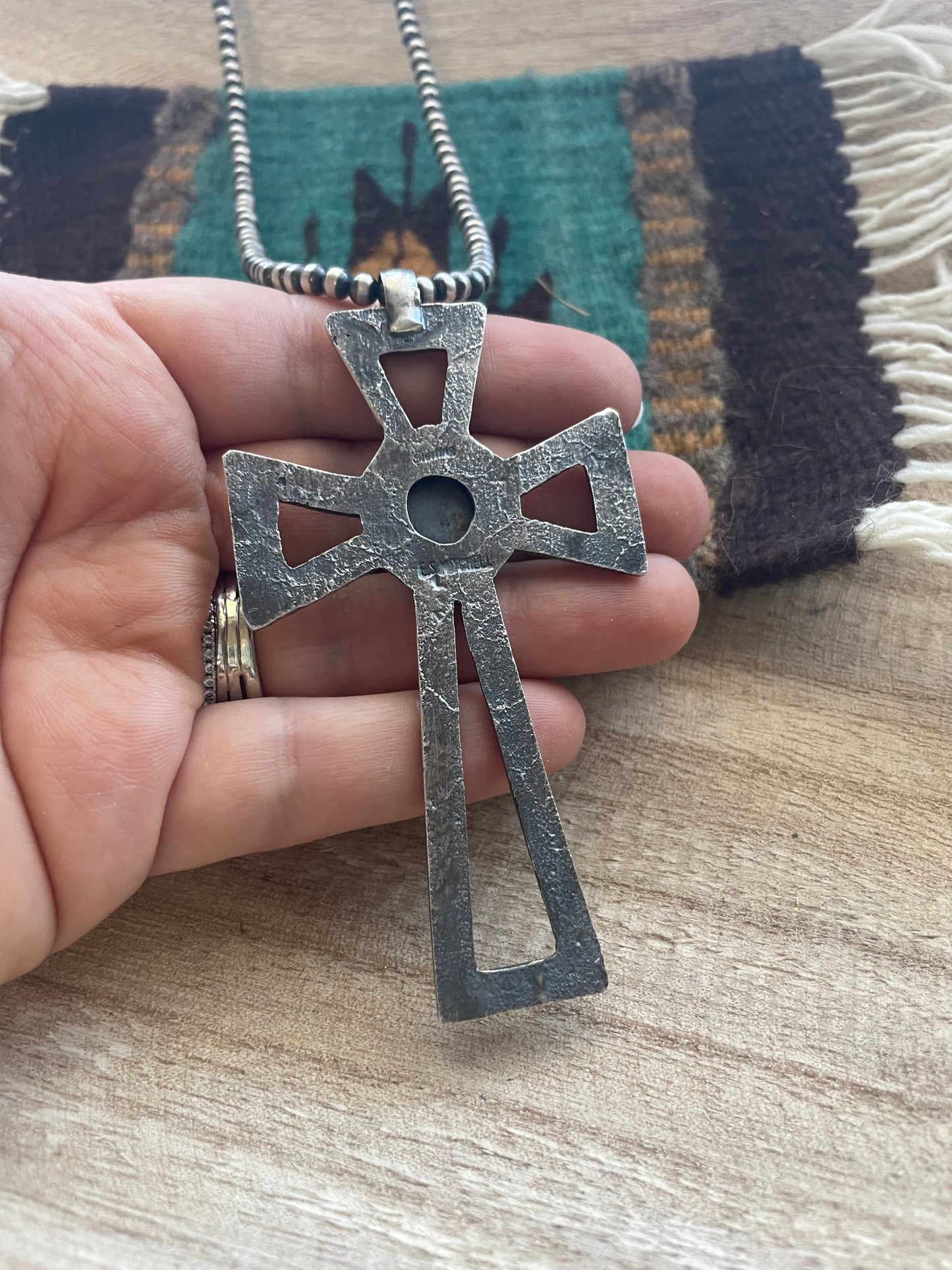 Handcrafted Sterling Silver & Turquoise Cross Pendant Signed Eugene Mitchell