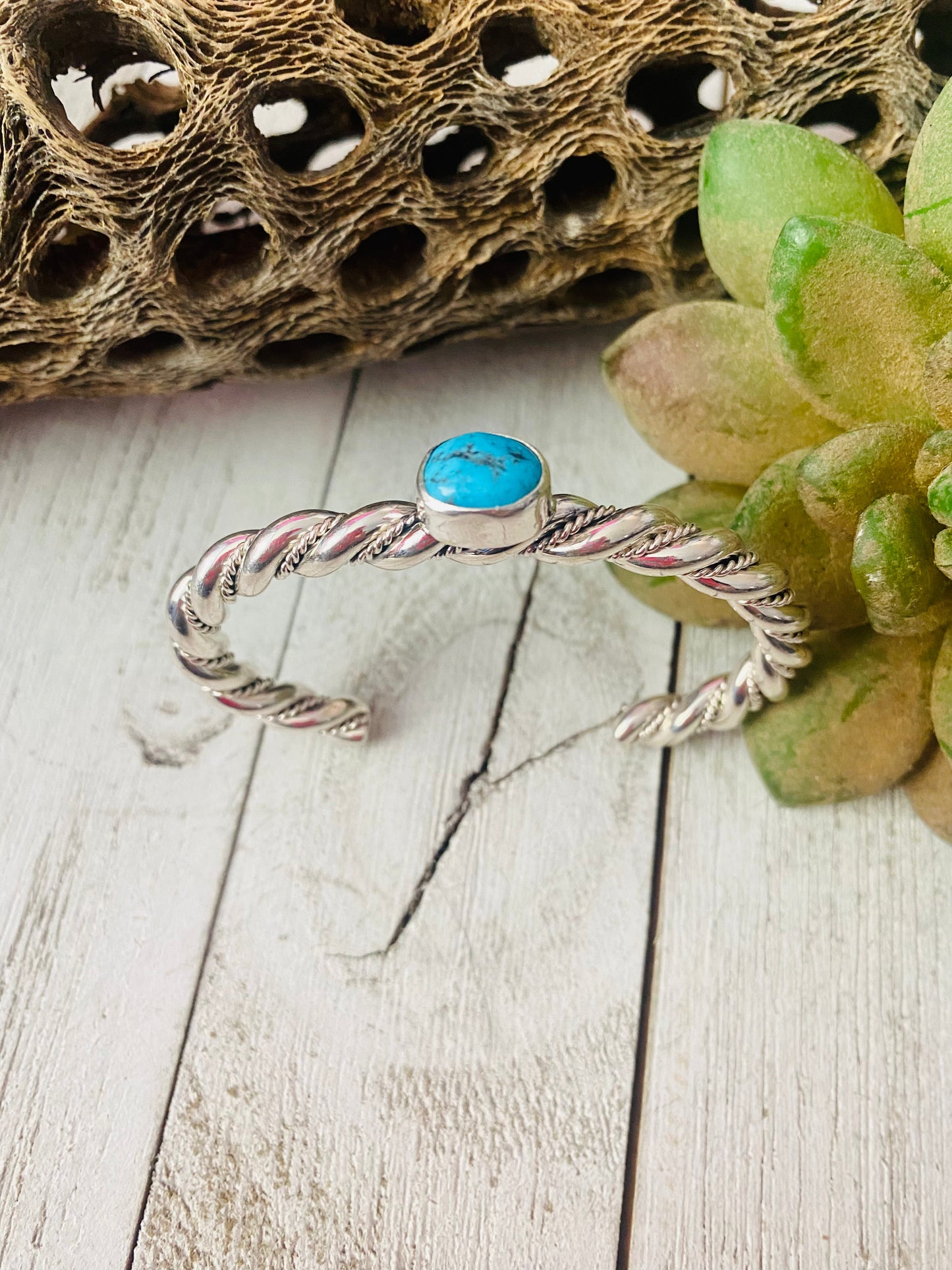 Handcrafted Twisted Sterling Silver & Kingman Turquoise Cuff Bracelet