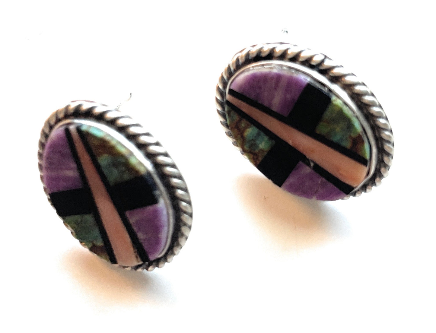 Handcrafted Multi Stone And Sterling Silver Inlay Oval Earrings Signed