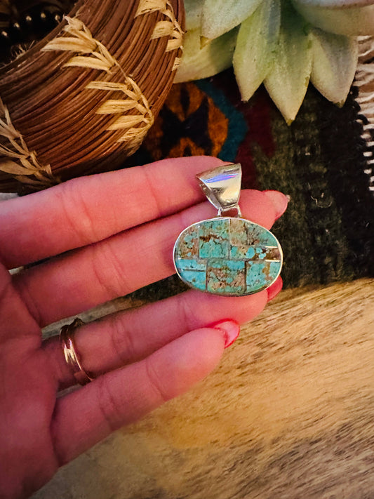 Handcrafted Number 8 Turquoise & Sterling Silver Inlay Pendant