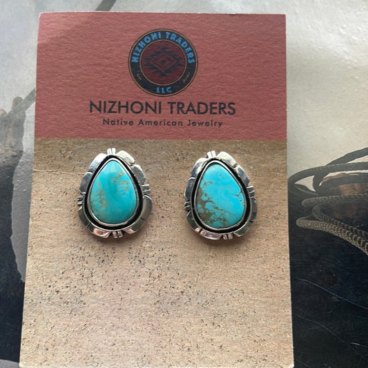Handcrafted Turquoise And Sterling Silver Post Triangle Earrings Signed