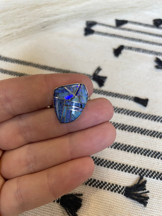 Handcrafted Sterling Silver & Blue Opal Inlay Ring Size 9.5