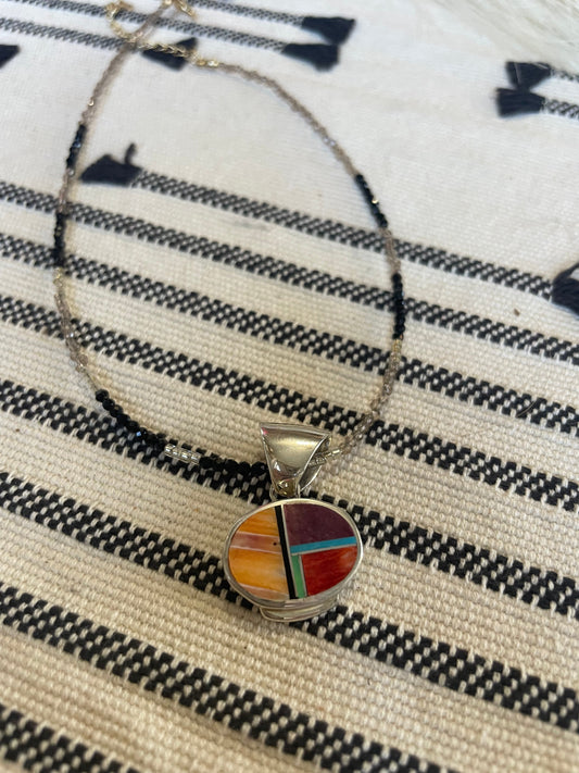 Handcrafted Multi Stone Inlay & Sterling Silver Circle Pendant
