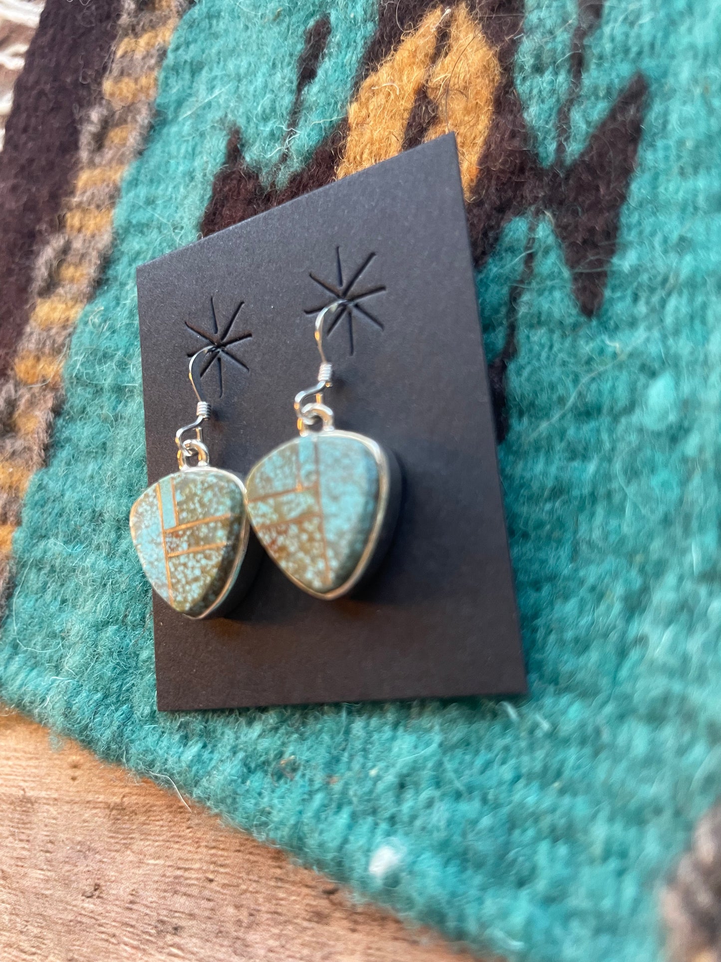 Handcrafted Number 8 Turquoise & Sterling Silver Inlay Dangle Earrings Signed