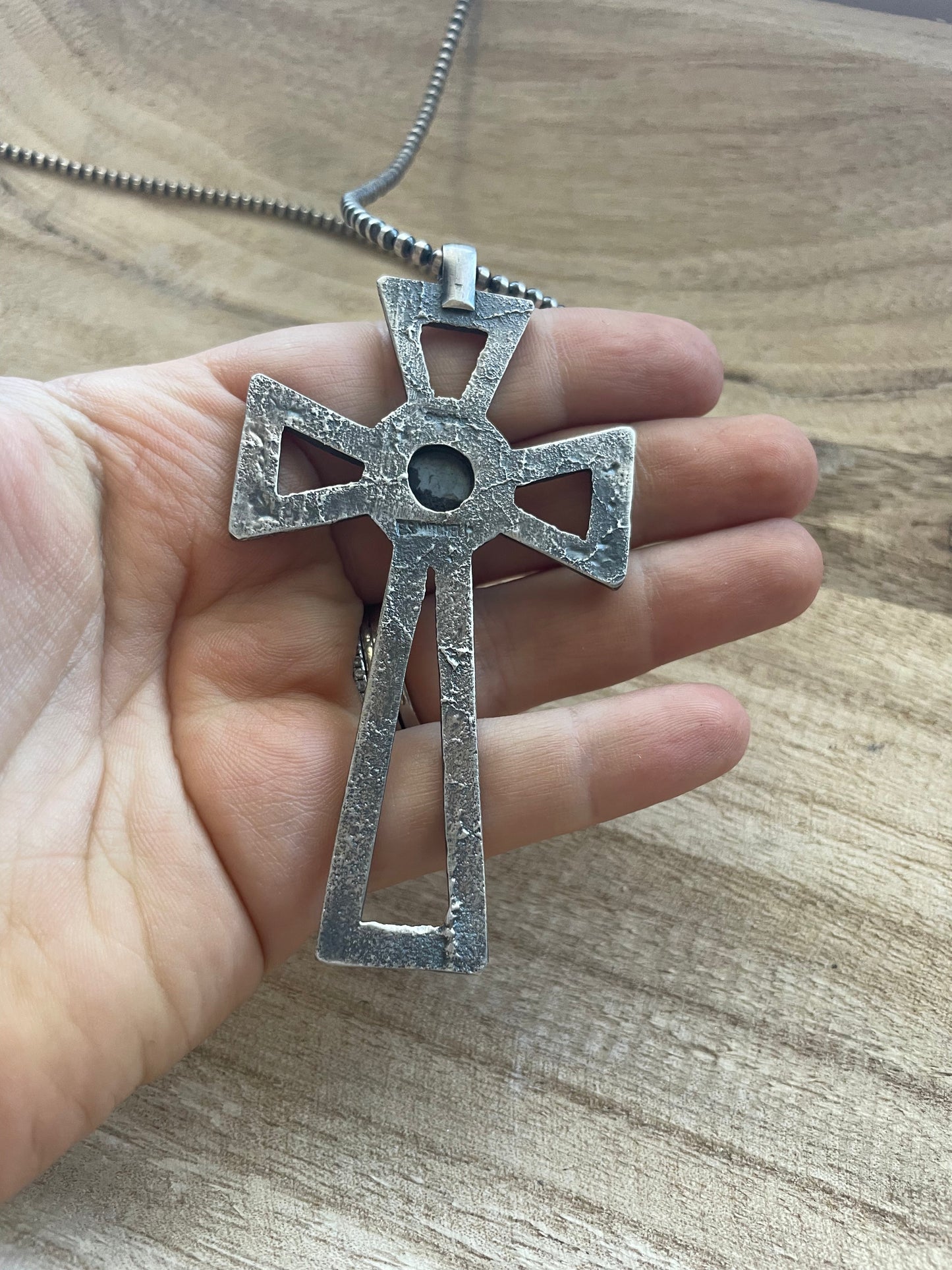 Handcrafted Sterling Silver & Turquoise Cross Pendant Signed Eugene Mitchell