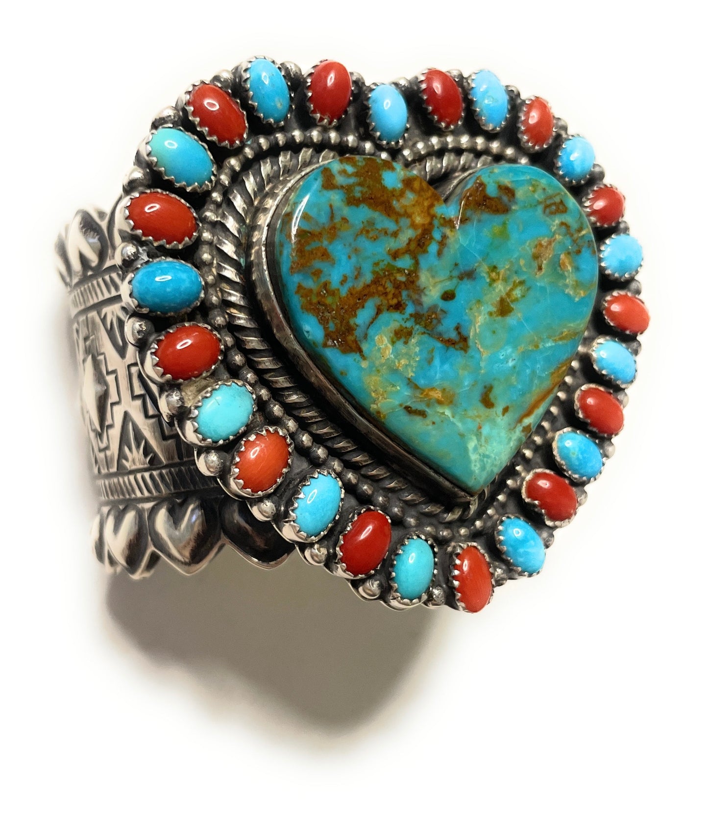 Navajo Sterling Heart Statement Turquoise And Natural Red Coral Bracelet Cuff Signed