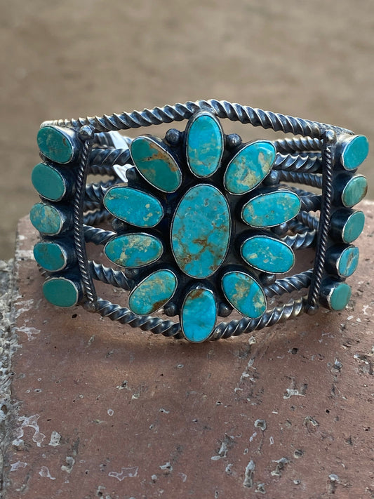 Handcrafted Jacqueline Silver Royston Turquoise & Sterling Cluster Cuff /