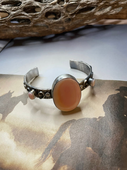 Handcrafted Pink Conch & Sterling Silver Tufa Cast Cuff Bracelet Signed