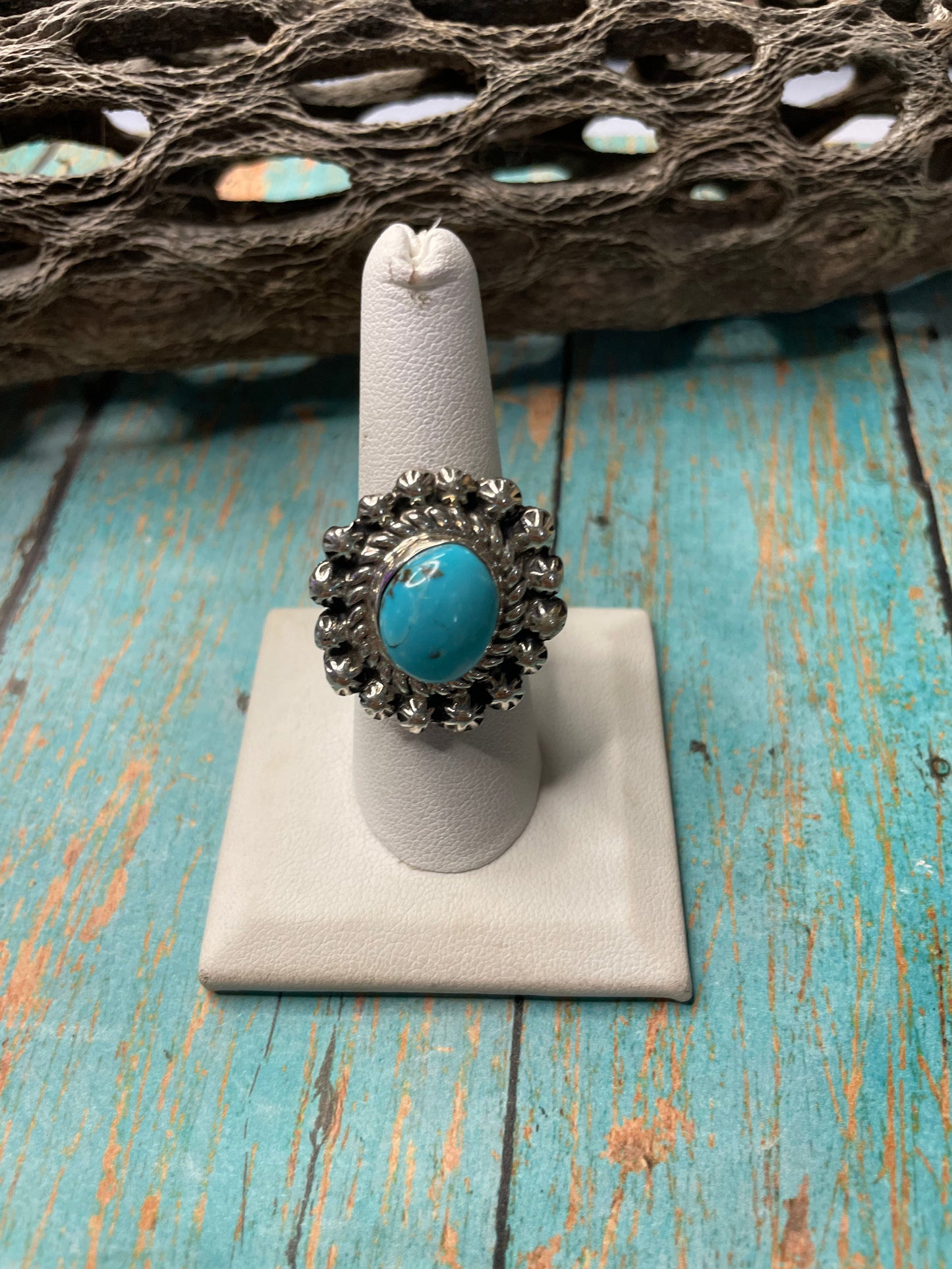 Old Pawn Navajo Sterling Silver & Turquoise Ring Size 7.5