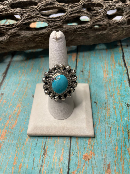 Old Pawn Handcrafted Sterling Silver & Turquoise Ring Size 7.5