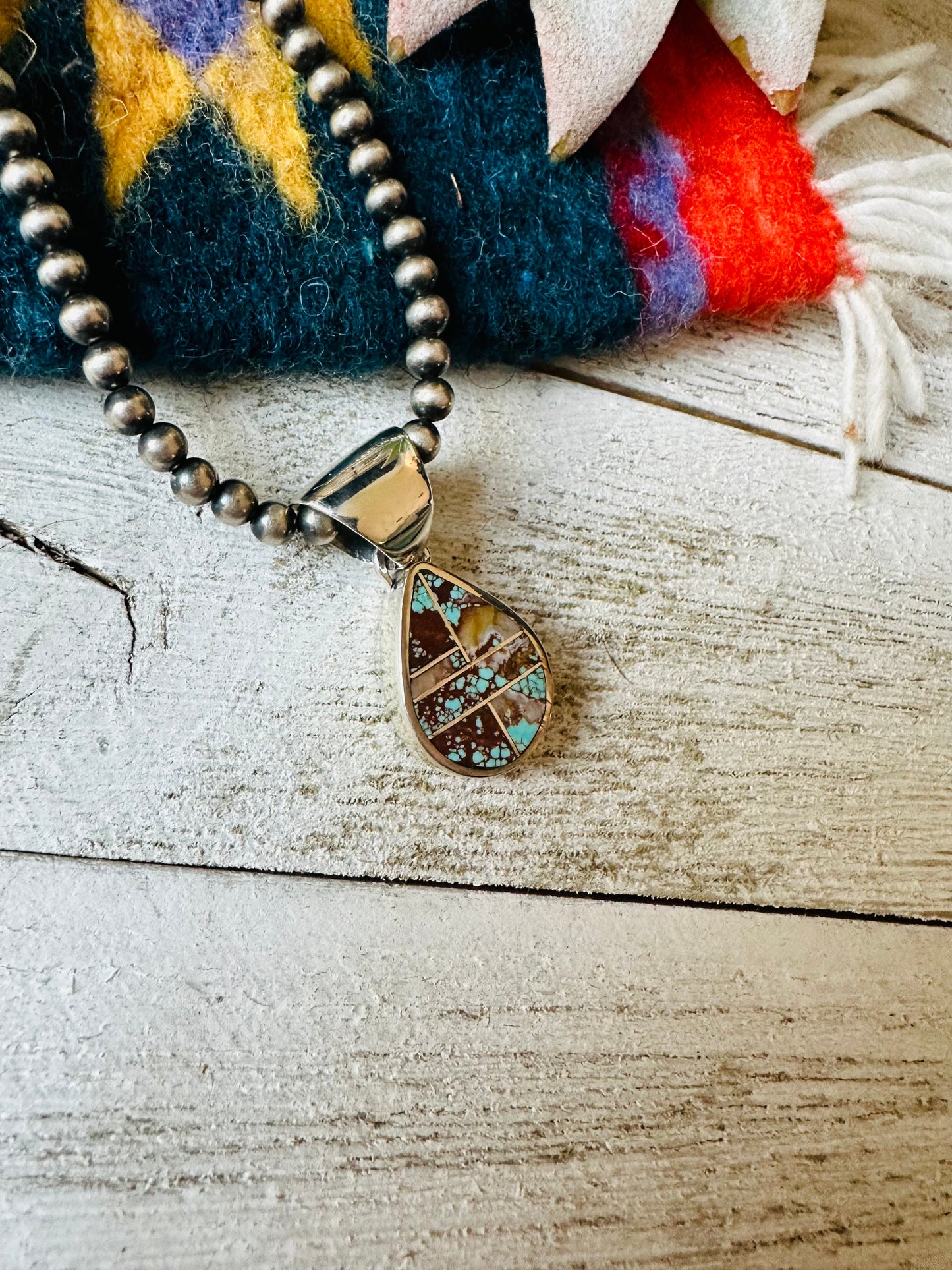 Handcrafted Number 8 Turquoise & Sterling Silver Teardrop Inlay Pendant