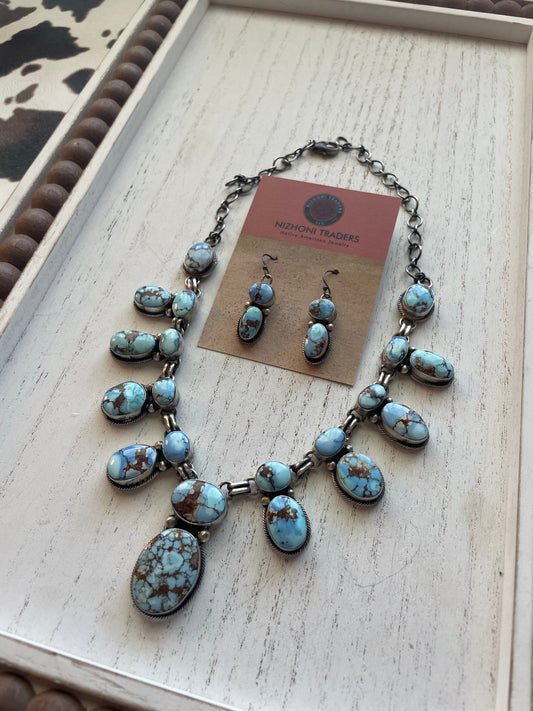 Paul Livingston Handcrafted Golden Hills Turquoise & Sterling Necklace Earring Set