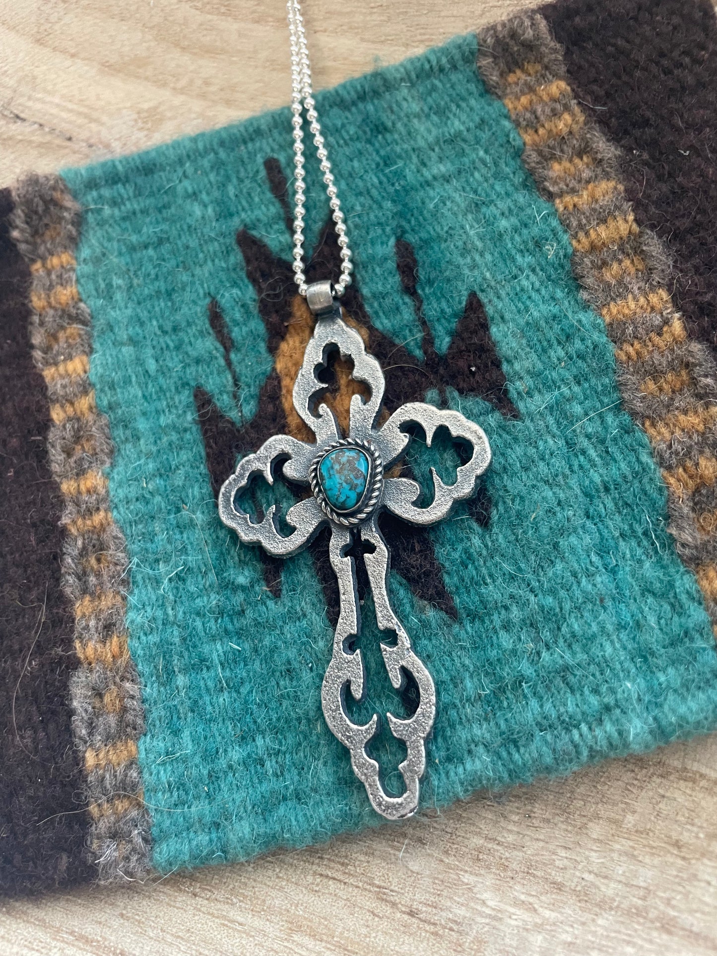 Handcrafted Sterling Silver & Turquoise Cross Pendant Signed Eugene Mitchell