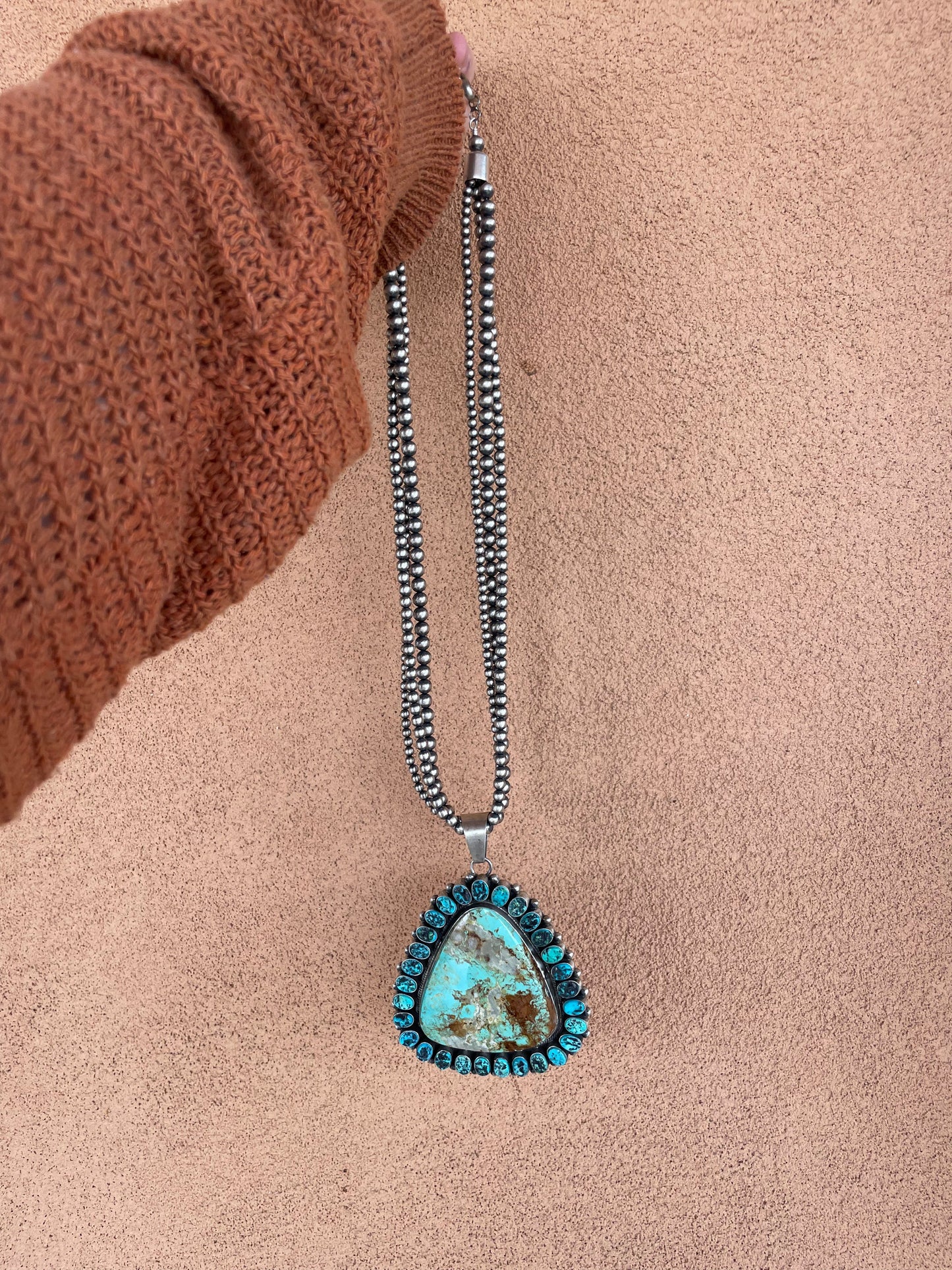 Handcrafted Turquoise & Sterling Silver 3 Strand Necklace Signed B. Yellowhorse