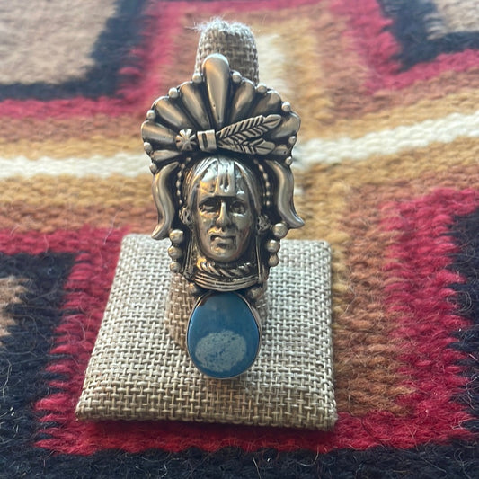 Beautiful Handcrafted Sterling Silver & Turquoise Chief Adjustable Ring Signed Russell Sam
