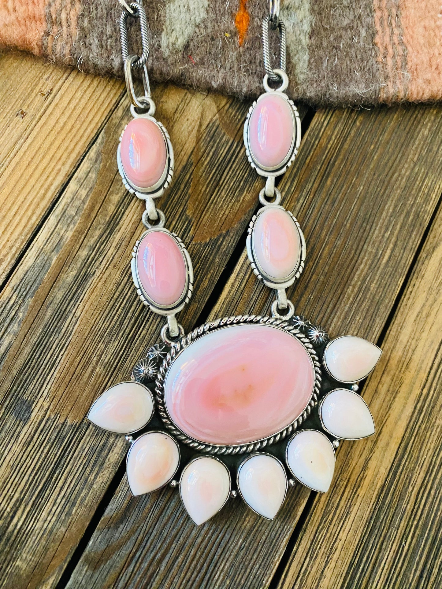 Handcrafted Queen Pink Conch Shell And Sterling Silver Cluster Necklace