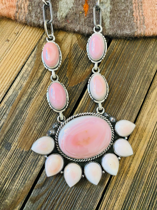 Handcrafted Queen Pink Conch Shell And Sterling Silver Cluster Necklace