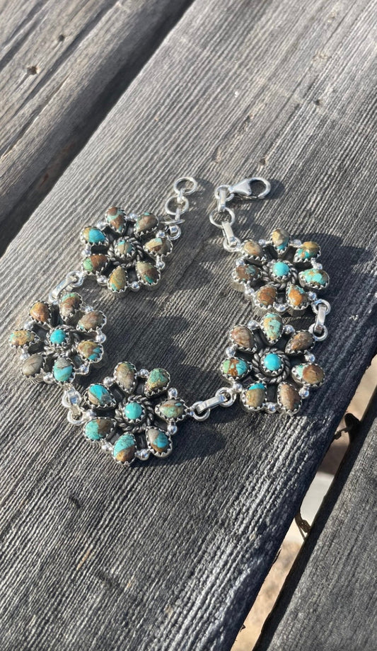 Handmade Sterling Silver And Turquoise Cluster Flower Bracelet Signed Nizhoni