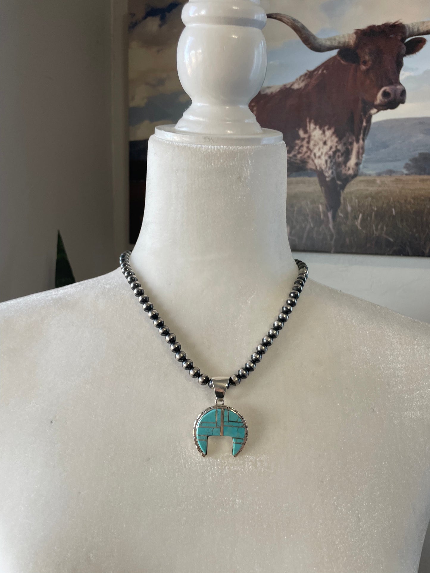 Handcrafted Number 8 Turquoise Inlay & Sterling Silver Pendant Signed