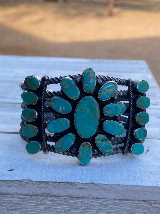 Handcrafted Jacqueline Silver Royston Turquoise & Sterling Cluster Cuff /