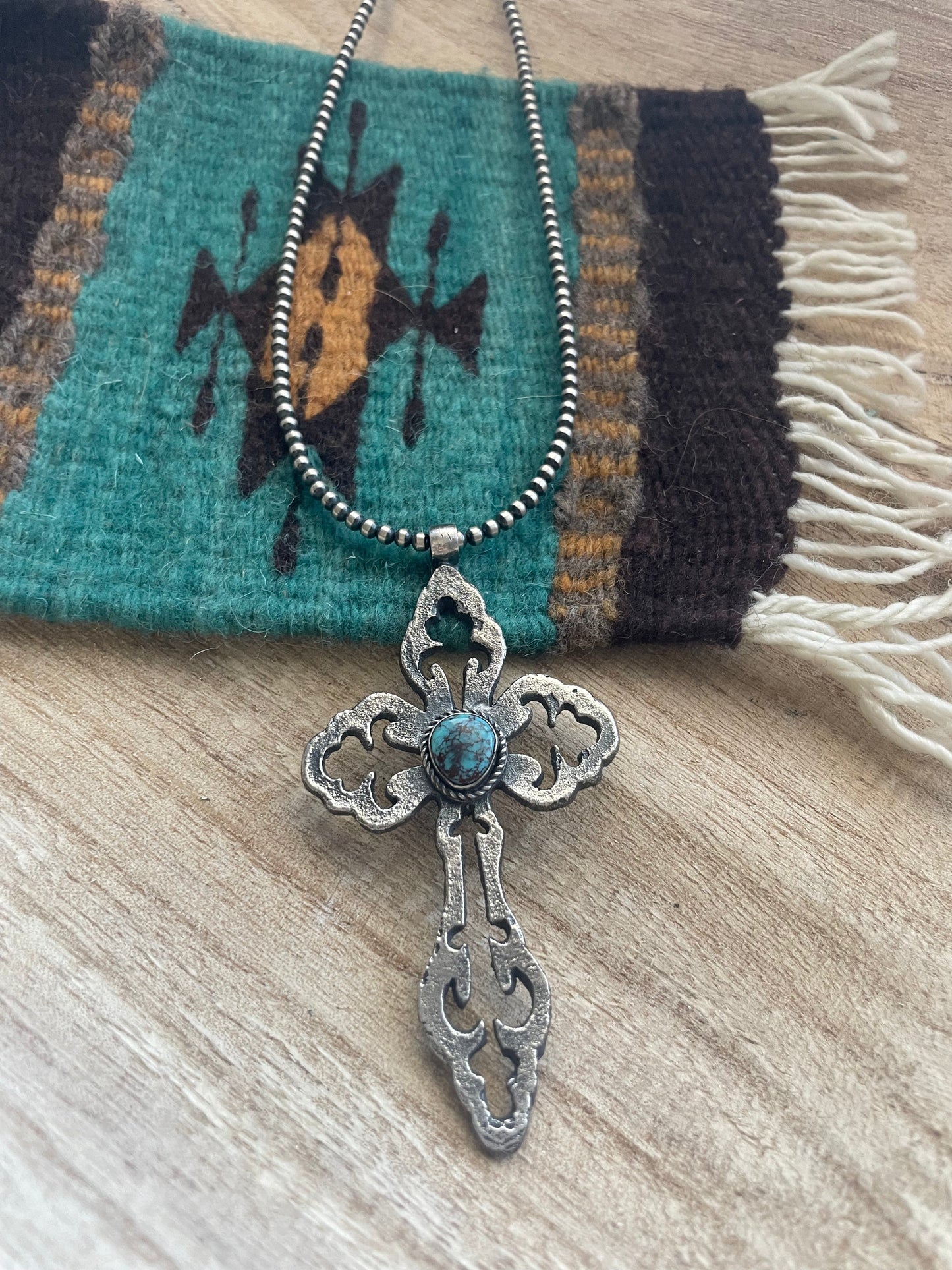 Handcrafted Sterling Silver & Turquoise Cross Pendant Signed Eugene Mitchell
