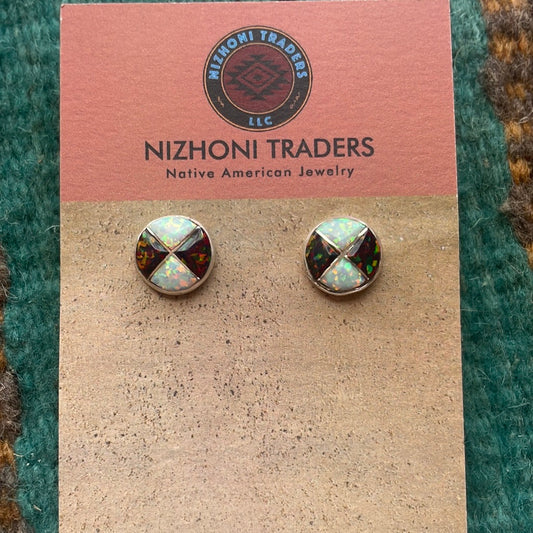 Handcrafted Red & White Opal Inlay & Sterling Silver Stud Earrings