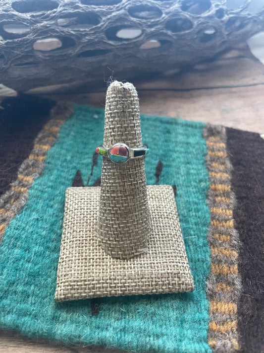Handcrafted Sterling Silver & Multi Stone Inlay Ring Size 5.5