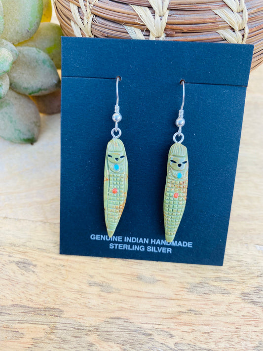 Vintage Handcrafted Hand Carved Turquoise Corn Maiden Fetish Earrings