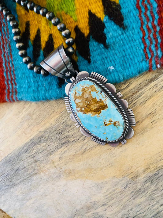Handcrafted Royston Turquoise and Sterling Silver Pendant by Russell Sam