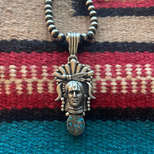 Beautiful Handcrafted Sterling Silver & Turquoise Chief Pendant Signed Russell Sam