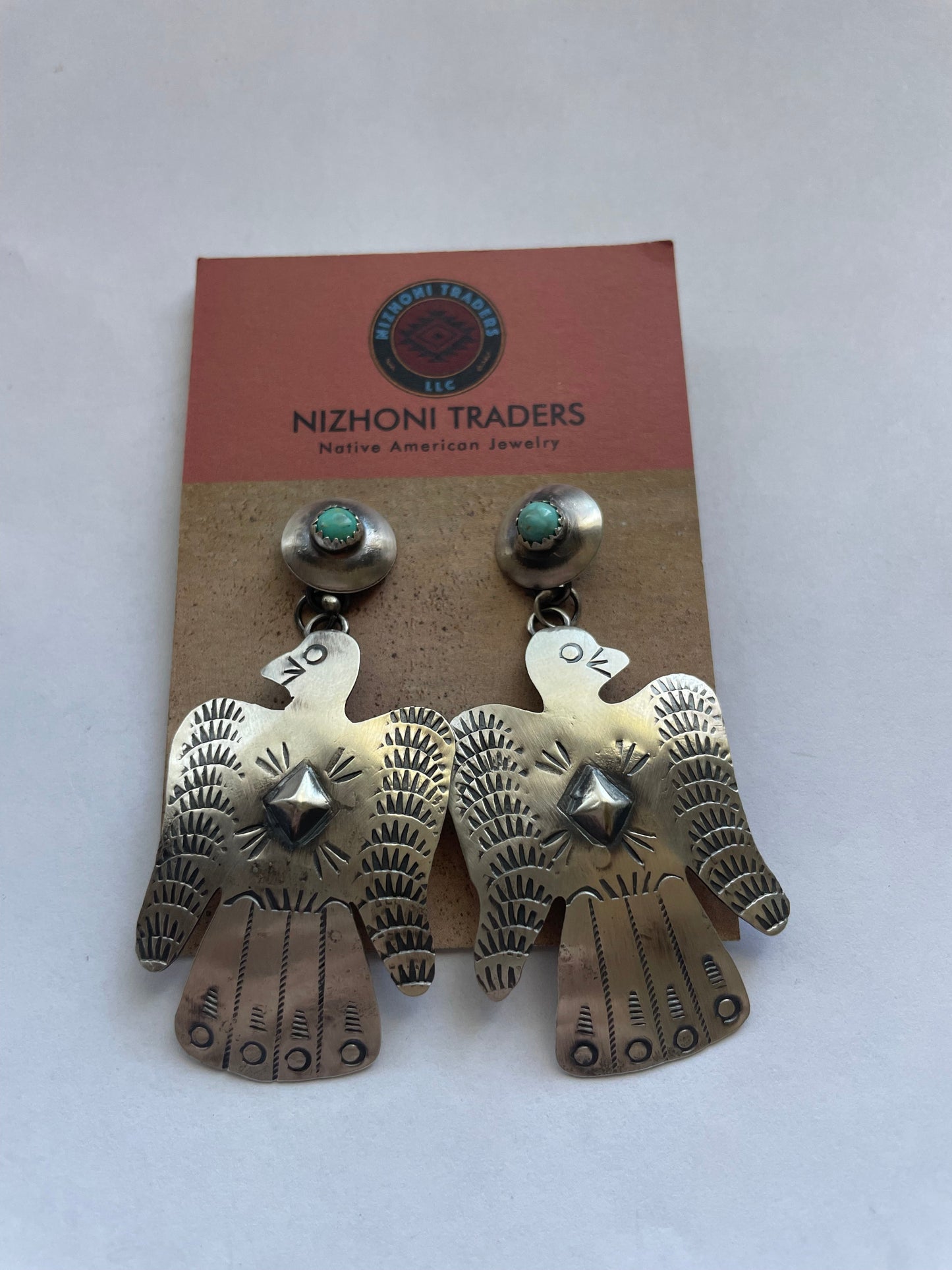 Navajo Turquoise & Sterling Silver Thunderbird Dangle Earrings By Tim Yazzie