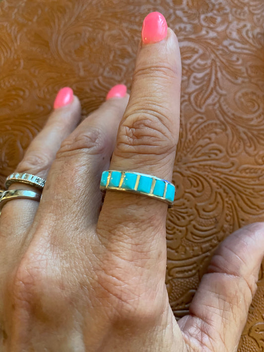 Handcrafted Sterling Silver & Six Stone Turquoise Stone Inlay Band Ring