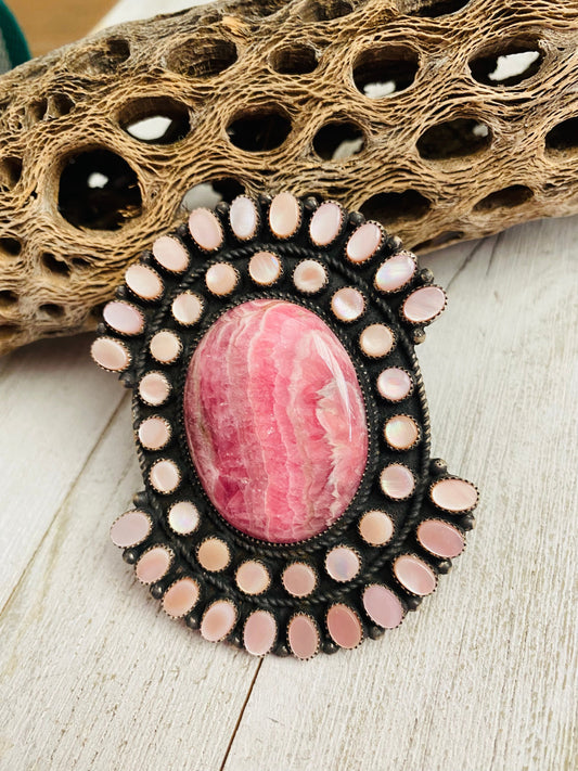 Handcrafted Sterling Silver, Mother of Pearl & Rhodochrosite Cluster Adjustable Ring