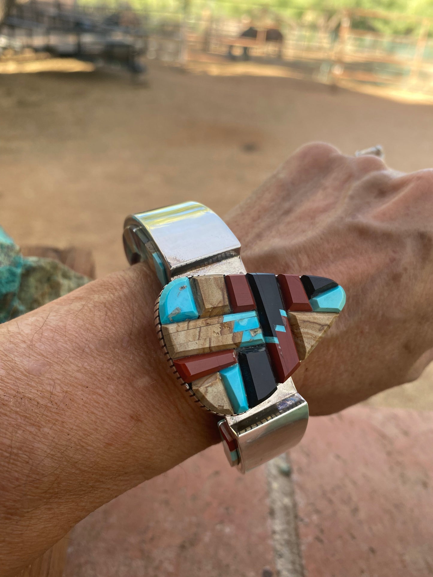 Handcrafted Multi Stone & Sterling Silver High Rise Inlay Cuff Bracelet by Melvin Francis /