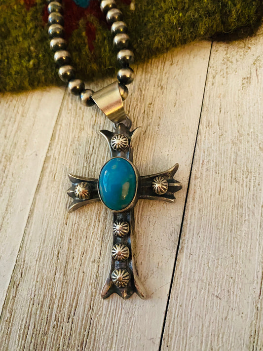 Handcrafted Sterling Silver & Turquoise Cross Pendant By Chimney Butte