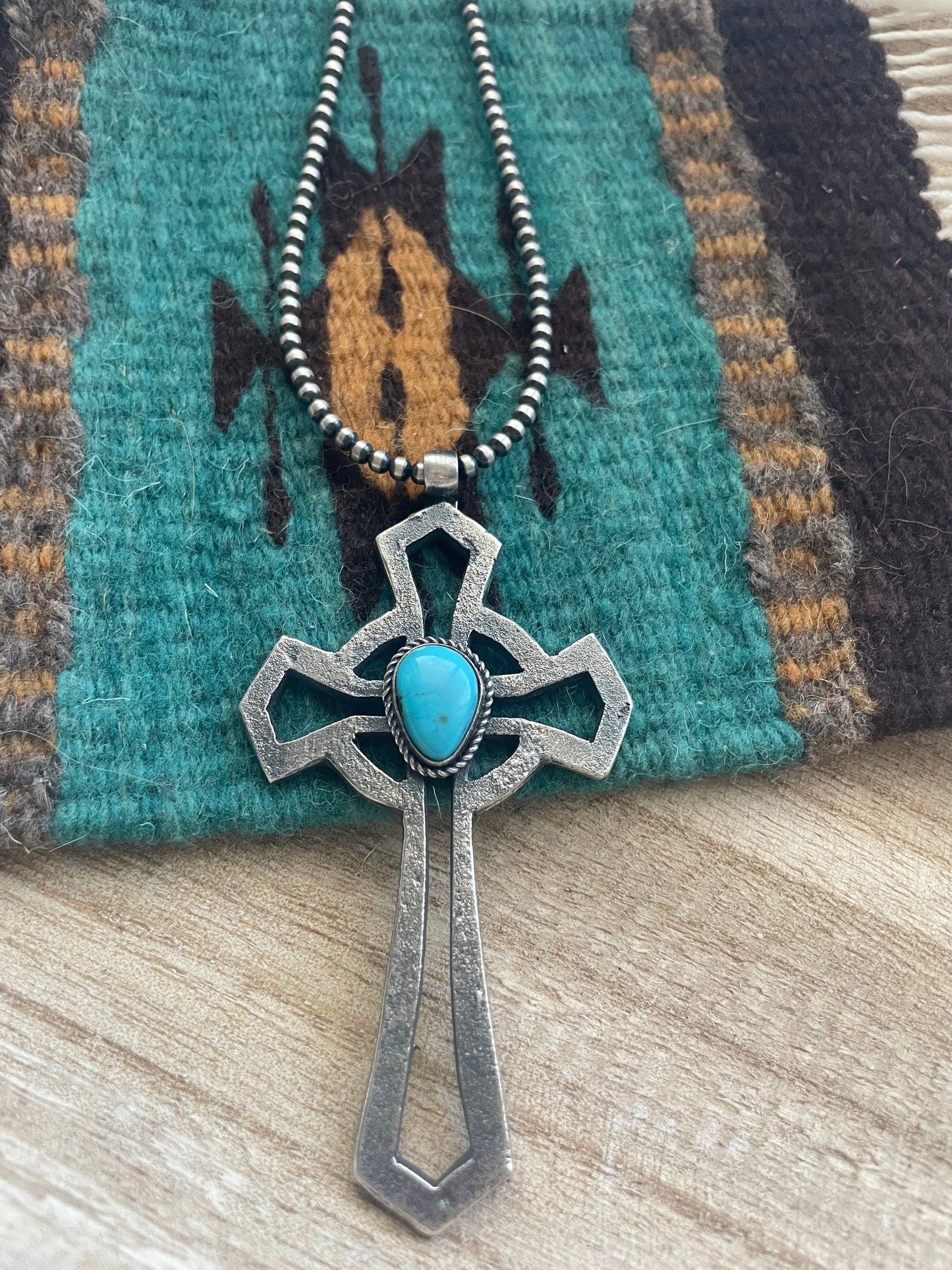 Handcrafted Sterling Silver & Turquoise Cross Pendant Signed Eugene Mitchell