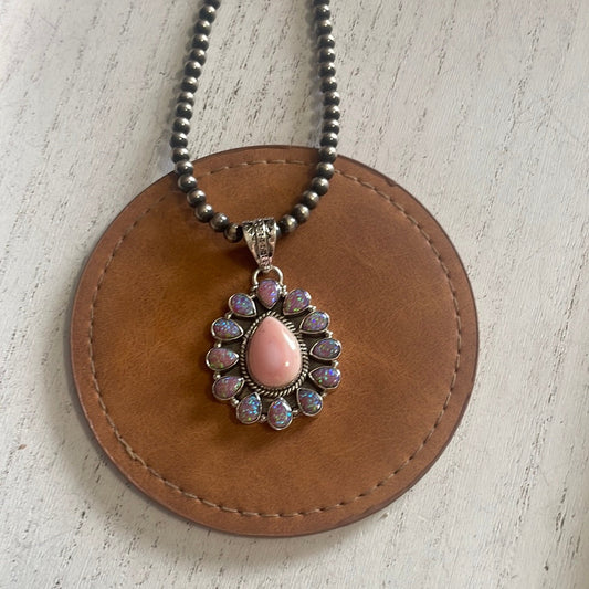 Handmade Pink Conch, Purple Fire Opal & Sterling Silver Flower Pendant