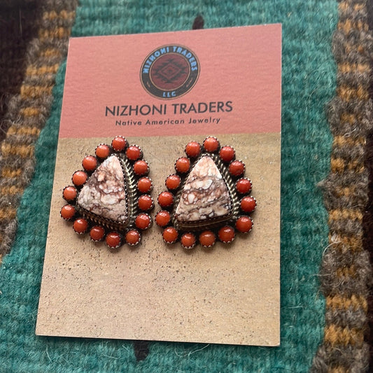 Beautiful Navajo Sterling Silver & Coral Post Earrings Signed