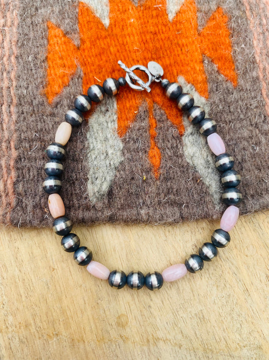 Handcrafted 6mm Sterling Silver Pearl & Pink Opal Beaded Bracelet