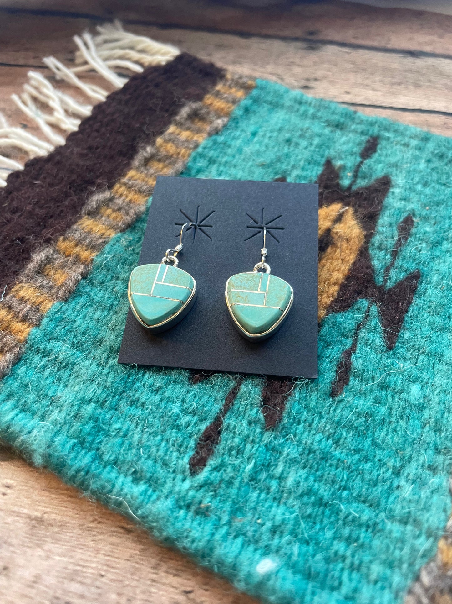 Handcrafted Number 8 Turquoise & Sterling Silver Inlay Dangle Earrings Signed