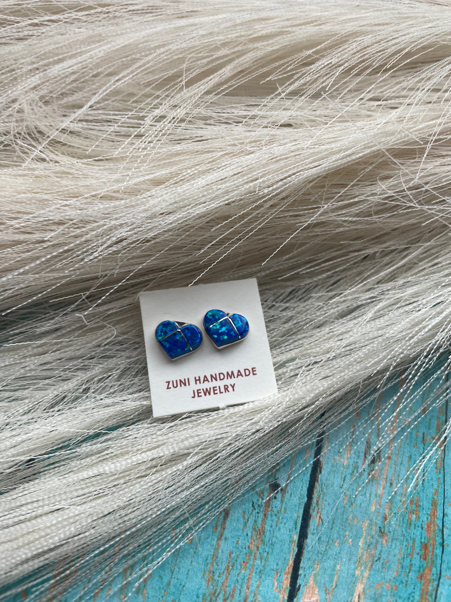 Handcrafted Sterling Silver & Blue Opal Inlay Heart Stud Earrings