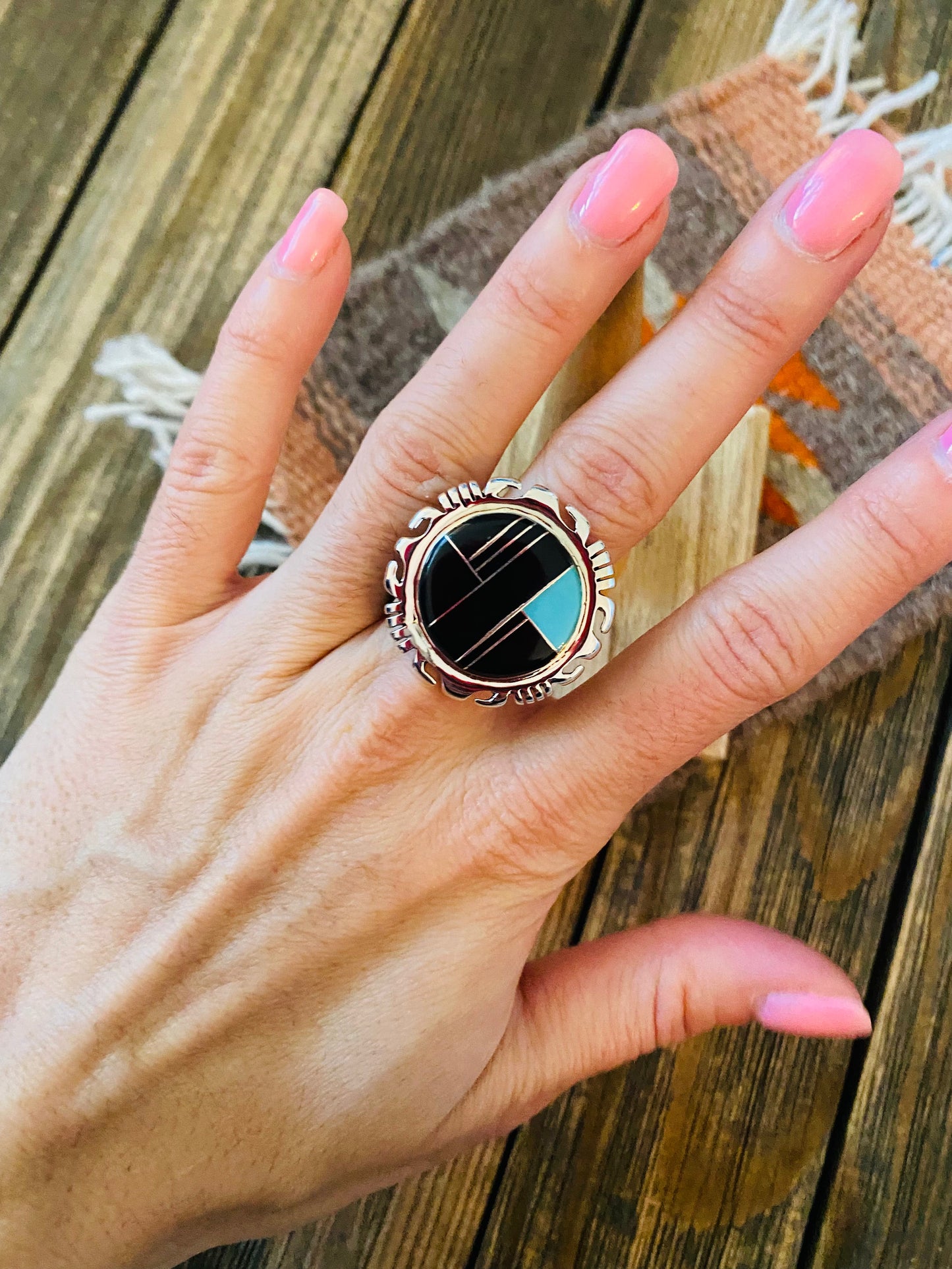 Handcrafted Sterling Silver, Onyx & Turquoise Inlay Ring Size 6.25