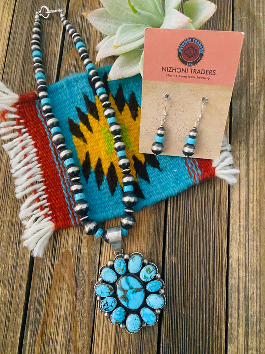Handcrafted Sterling Silver & Kingman Turquoise Beaded Necklace Set