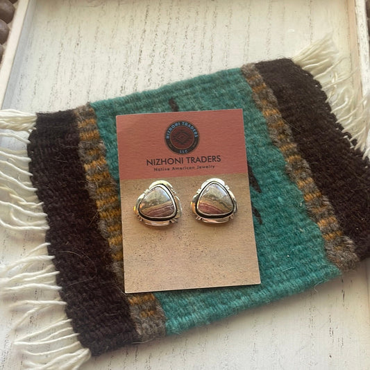 Handcrafted Sterling Silver & Rhodochrosite Stone Post Earrings Signed