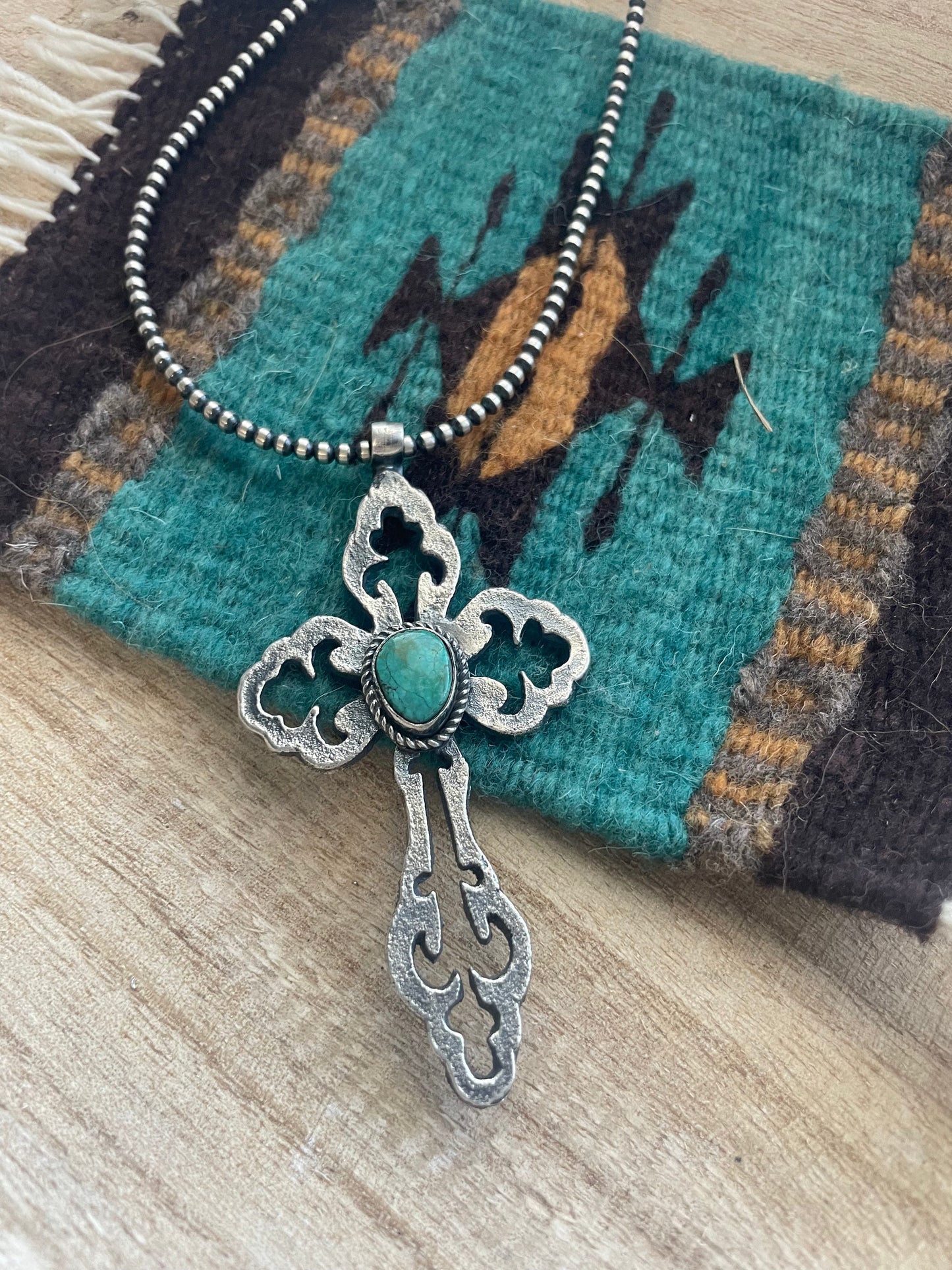 Handcrafted Sterling Silver & Turquoise Cross Pendant Signed Eugene Mitchell