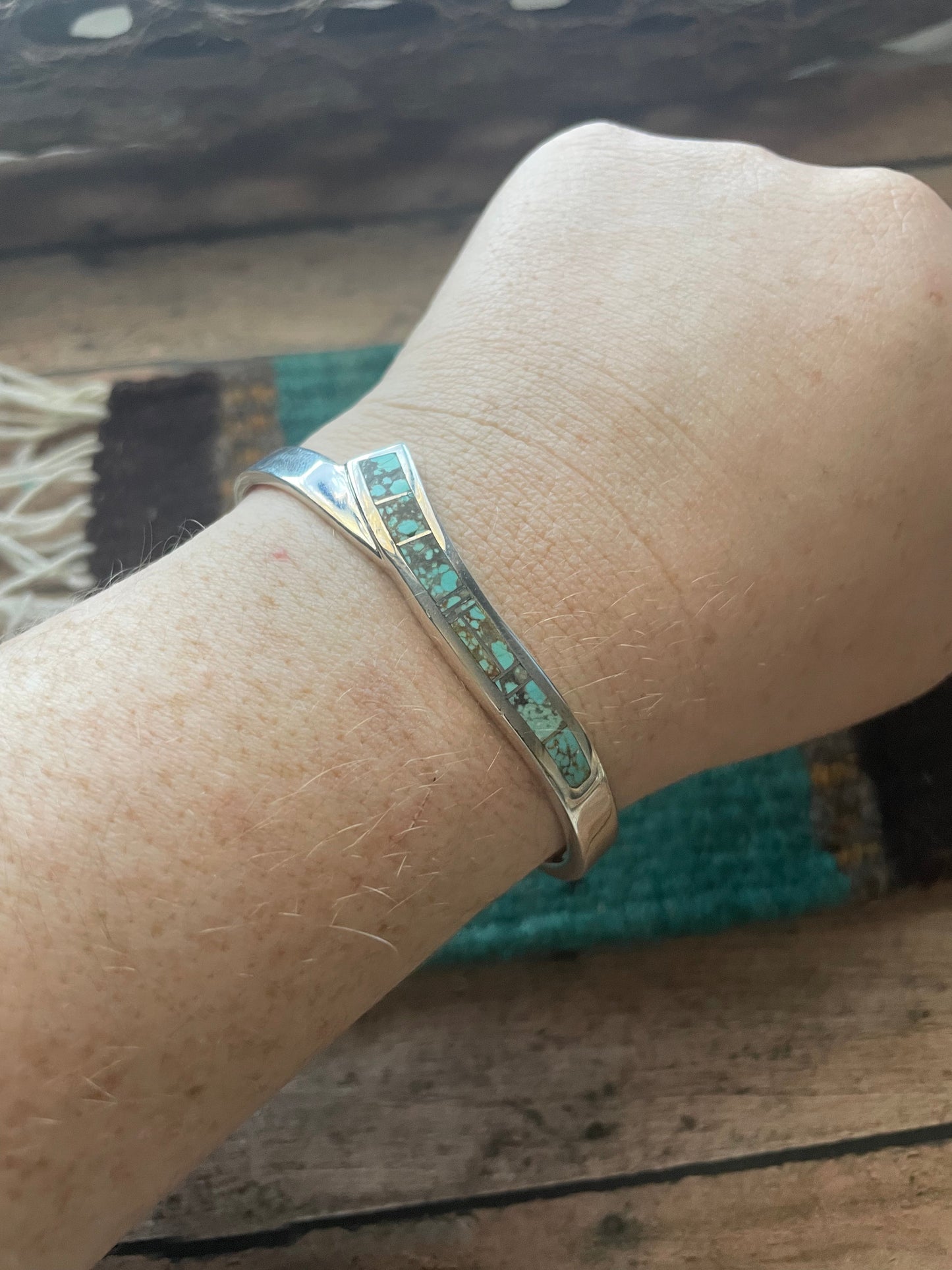 Handcrafted Handmade Sterling & Number 8 Turquoise Inlay Cuff Bracelet