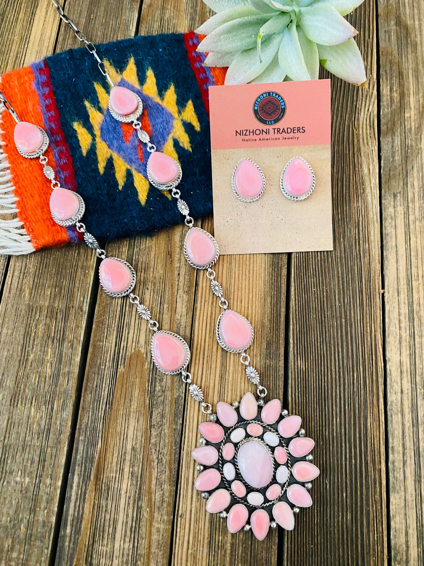 Handcrafted Pink Conch And Sterling Silver Necklace Earrings Set Signed Phyllis Smith